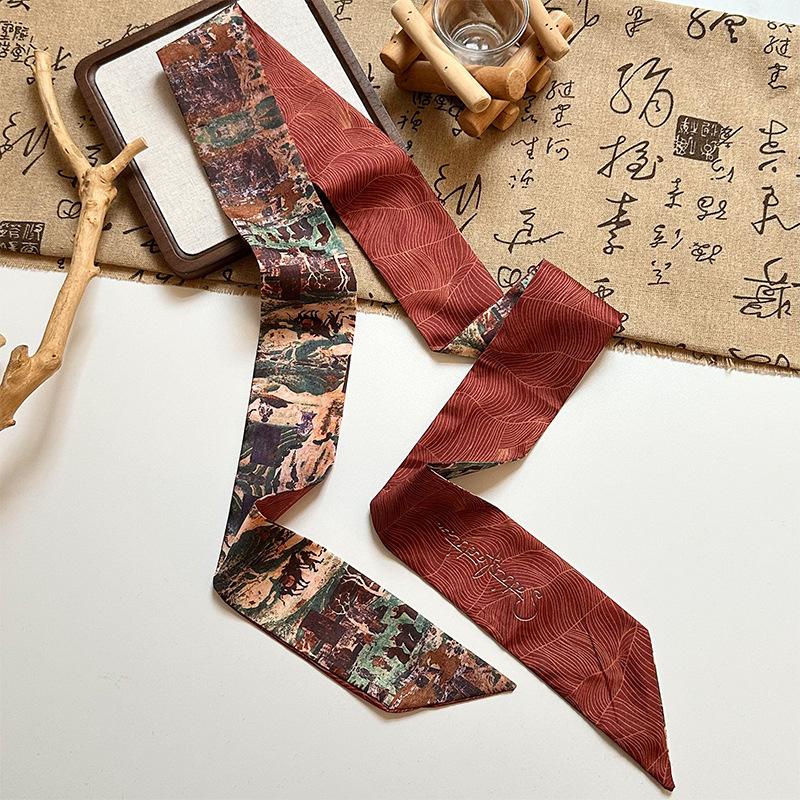 Long streamer bow tied hair retro Dunhuang oil painting silk scarf headband women tied headscarf