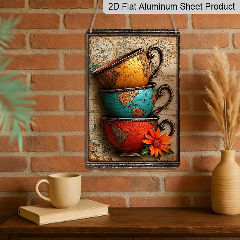 2D Flat Retro Map Teacups Floral Daisy Aluminum Sign Travel Themed Wall Decor Kitchen Decor, Living Room, Office, Traveler Studio, Map Themed Room