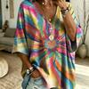 Übergröße - Hippie Sonnenblumen Tie-Dye Aufdruck T-Shirt, Damen Übergröße V-Ausschnitt, Retro Western Kunst 3/4 Fledermausärmel Locker Bequem Bauchkontrolle