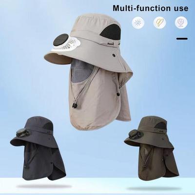 Men Solar Fan Hat with Face And Neck Cover USB Rechargeable Fan Large Brim Hollow Mesh Windproof Strap Anti-UV Sunlight Protecti