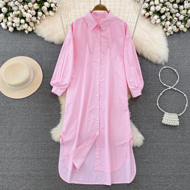 

Chic Stripes Lapel Single Breasted Dress Shirt Pink One size