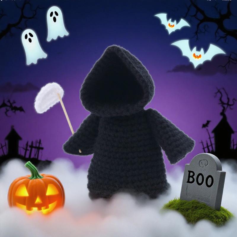 Handmade Halloween Skeleton Crochet with Positive Card Home Halloween Decoration Funny Knitted Death Skull Doll Ornament Decor