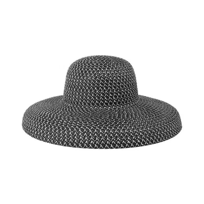 Nuevo Sombrero de Paja Redondo Grande Estilo Retro Sombreros de Sol para Mujer Visera para Viajes y Vacaciones Sombrero de Playa Vintage para Mujer Blanco y Negro
