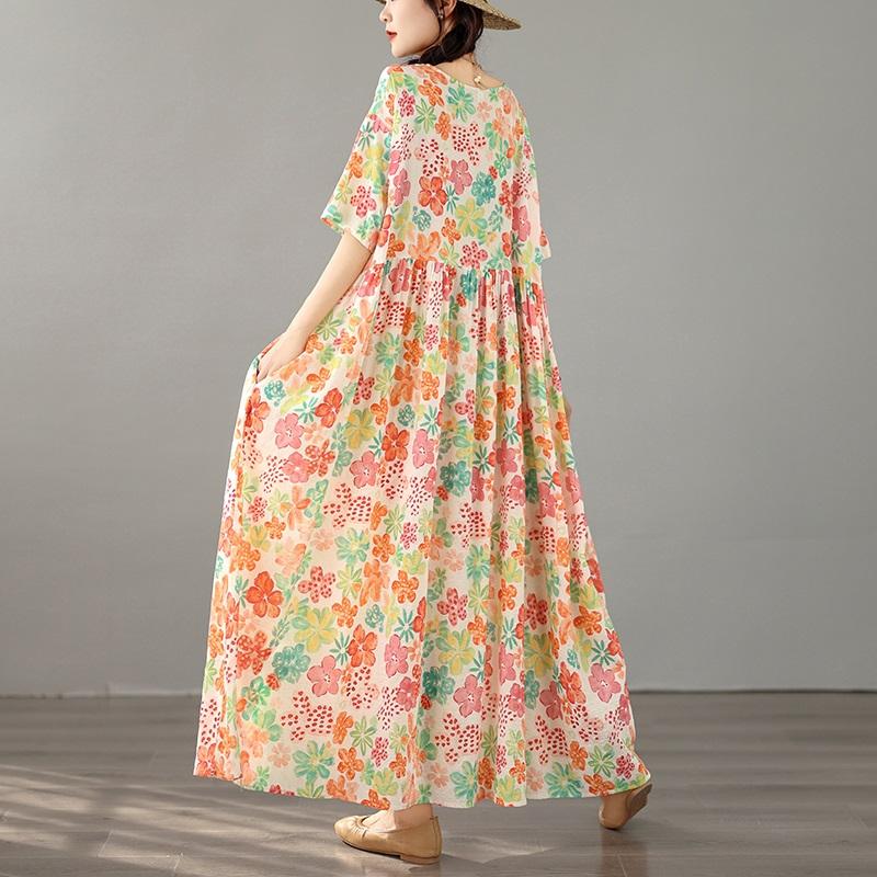 Abito estivo lungo e largo casual da donna, in cotone vintage, con maniche corte e taglie forti, floreale, nuovo di zecca.