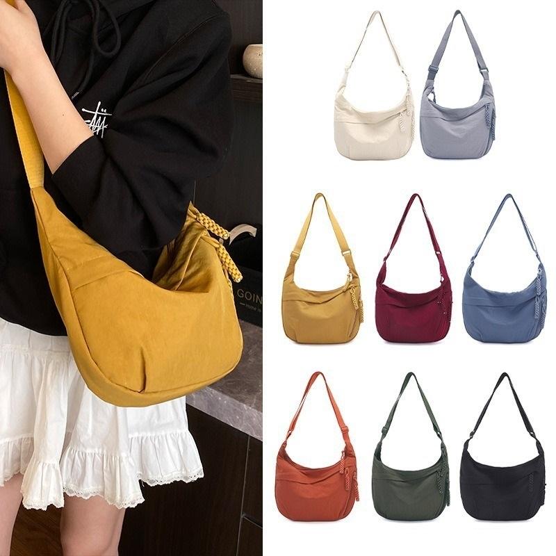 Dame Ensfarvet Stor Kapacitet Lynlås Dumpling Bolle Taske Fritid Sport Lærred Skrå Skulder Crossbody Tasker Justerbar Rem