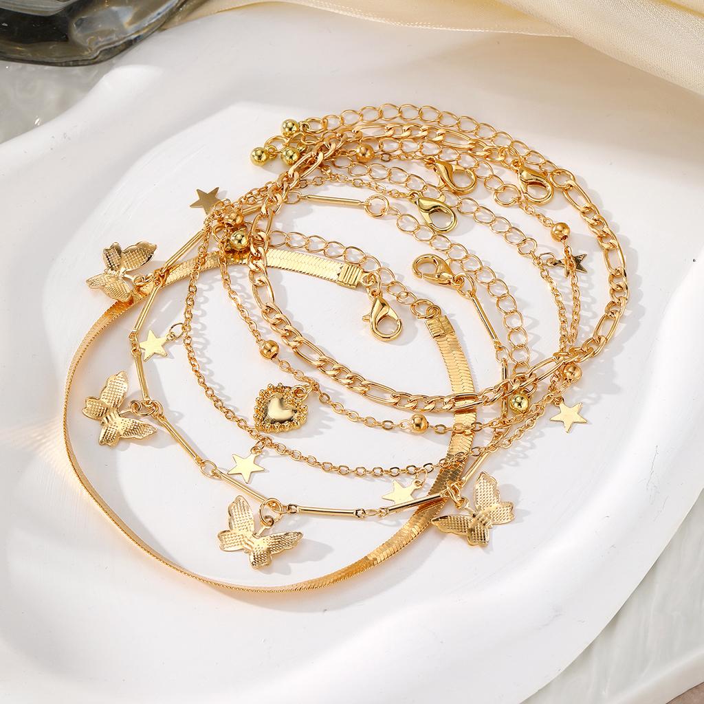 Suitable For Daily Wear A Gift Simple Classic Butterfly Heart Pendant Stackable Anklet Chain Design 5pcs/set Women's For Holidays Unique