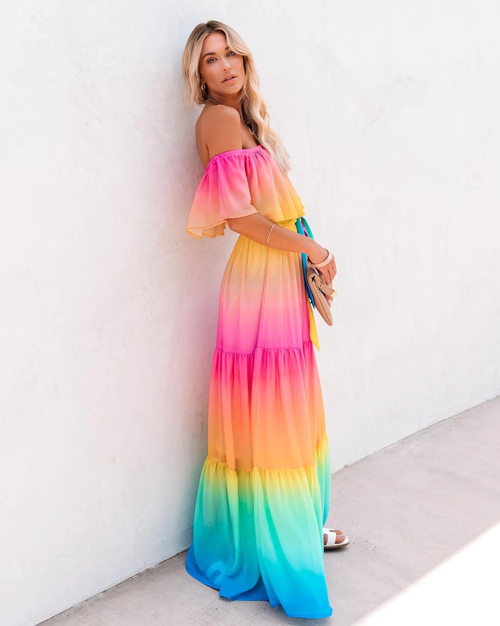 

2025 Новое европейское и американское длинное платье с принтом и открытыми плечами XL