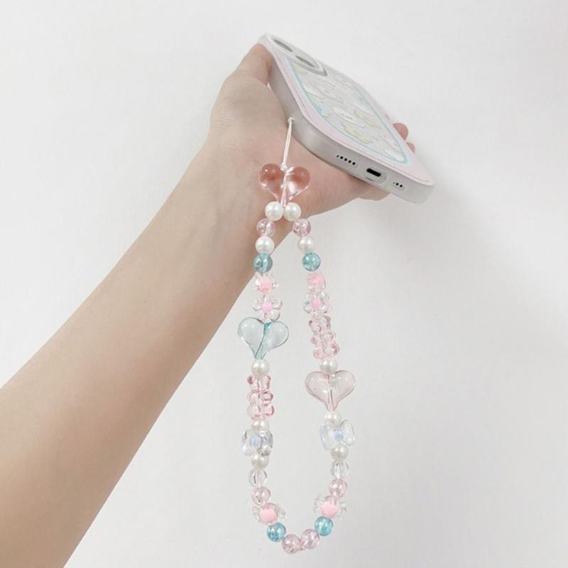 Handmade Bracelet Keychain Phone Decoration Accessories Beaded Phone Lanyard Heart Pattern Aesthetic Phone Wrist Strap
