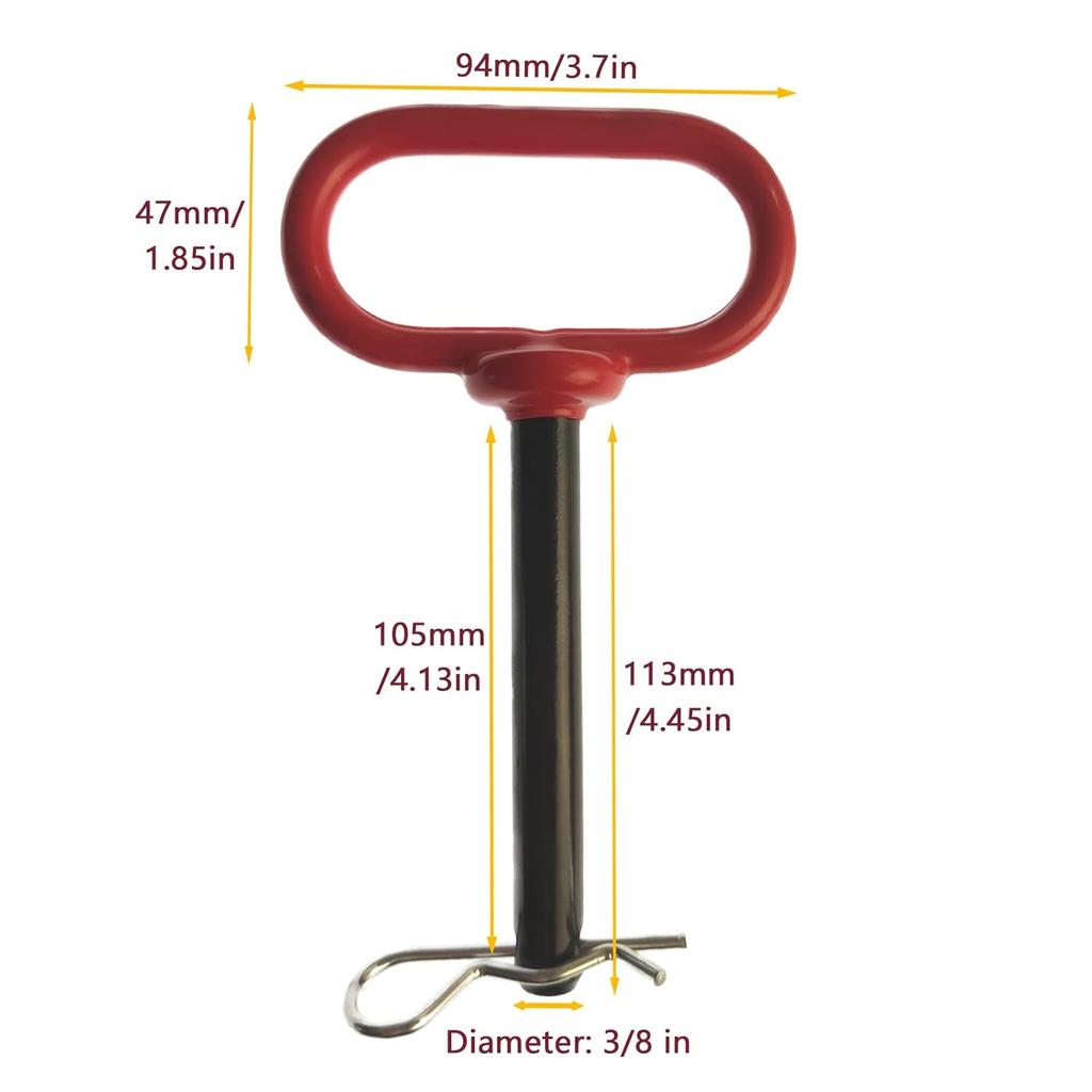 3/8 X 4 Inch Heavy Duty Tractor Hitch Pin & Clip, Red Handle Trailer Tow Hitch P For Tractors, RV, Truck, Boat, ATV, Car - Corrosion Resistant Solid