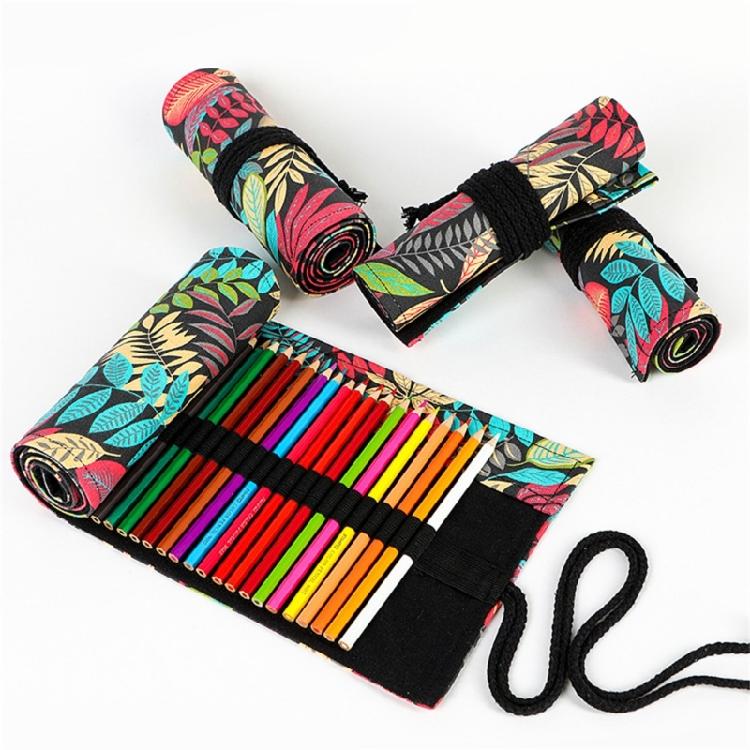 12/24/36/48/72 Holes Leaves Print Pencil Organizer Bag Canvas Pencil Wrap Pencil Roll Bag Pencil Storage Bag