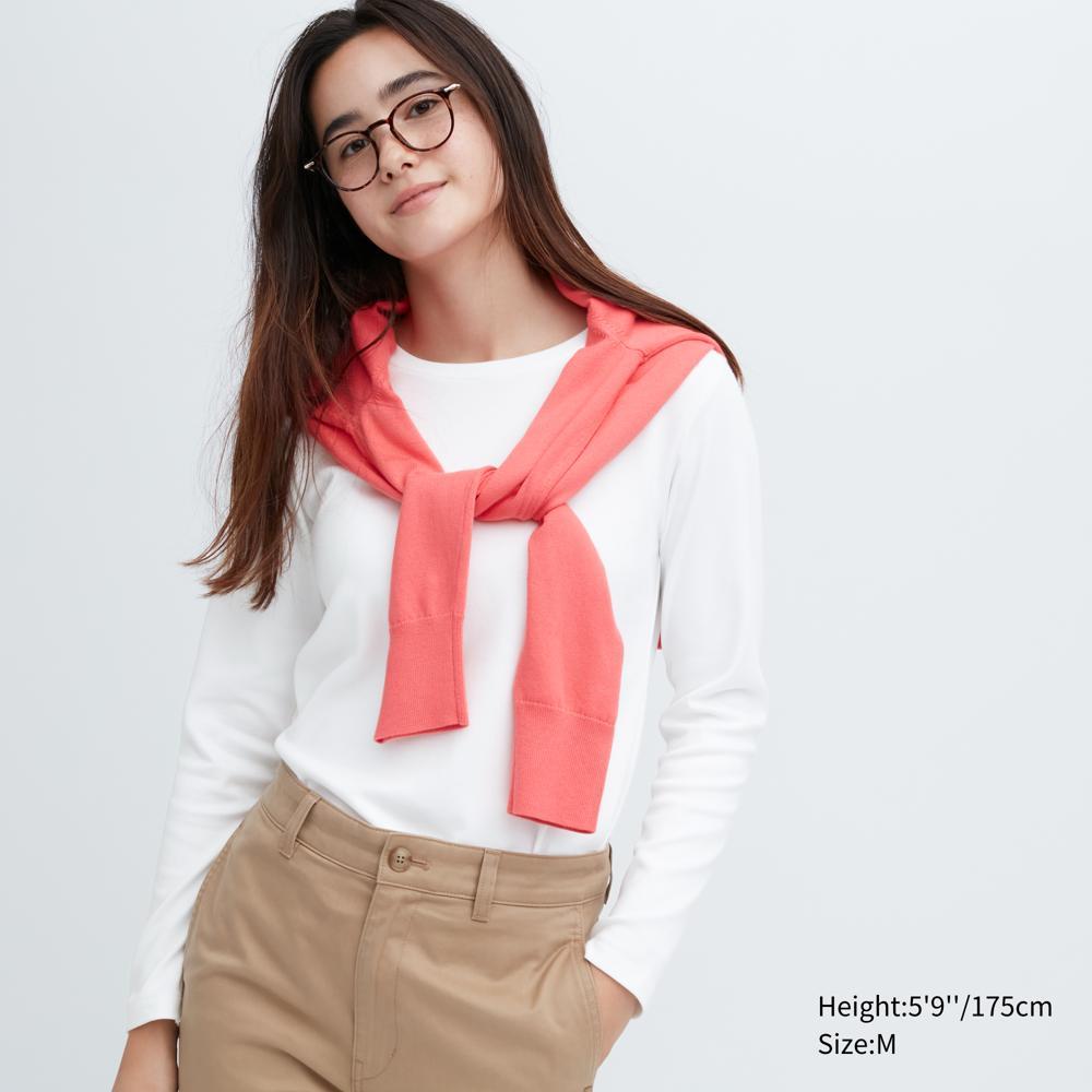 

UNIQLO Гладкий эластичный хлопок с круглым вырезом и длинными рукавами