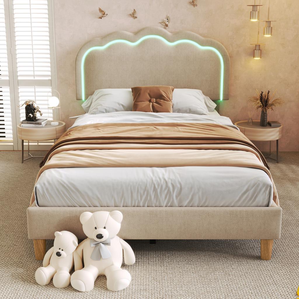 Upholstered Bed LED Single Bed 90 X 190 Cm, Slatted Frame and Adjustable Headboard, In Beige, Youth Bed for Bedroom Guest Room - Linen Material