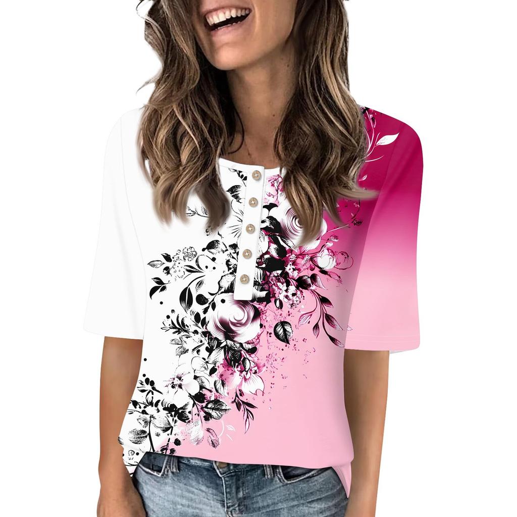 Shirts For Women Trendy Round Neck Button T Shirts Printed  Blouse Half Sleeve Tops For Women