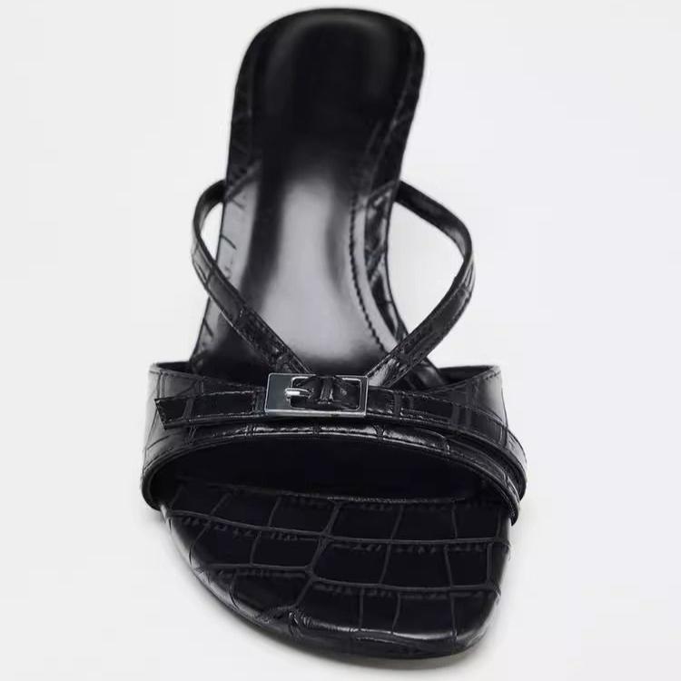 Fashion High Heels Slippers Women's Metal Buckle Decor Square Toe Thin Heels Sandals Summer Outdoor Casual Vacation Shoes