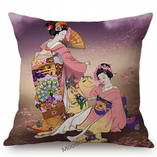 Beautiful Pretty Japanese Geisha Cartoon Traditional Kimono Girl Floral Cotton Linen Sofa Pillow Case Home Decor Cushion Cover