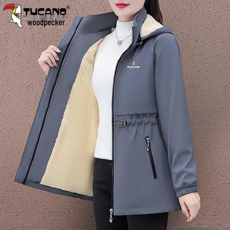 Women's Mid-length Hooded Windproof Fleece-Lined Jacket - Autumn/Winter 2025 Style