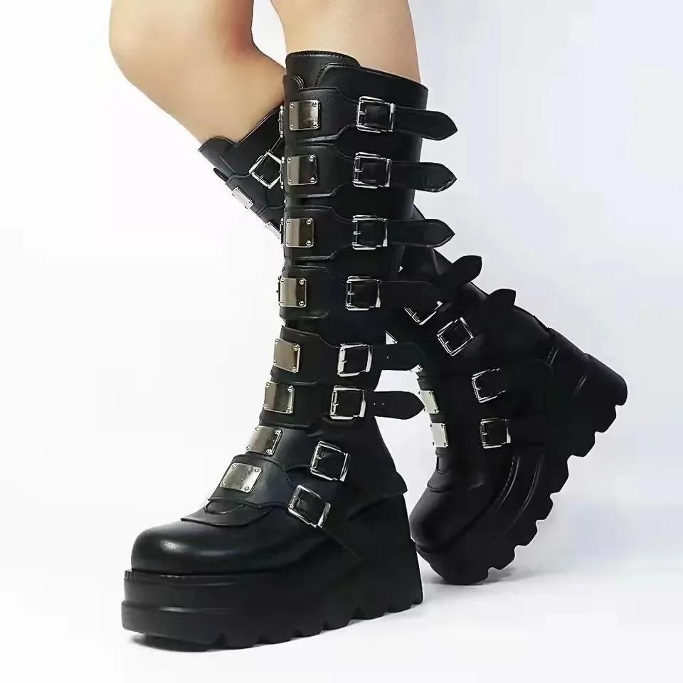 Stivali Donna Scarpe Gotica Piattaforma Al Ginocchio Punk Nero Sexy Motociclista Nuovo Halloween Cosplay Botas Mujer Scarpe Da Donna