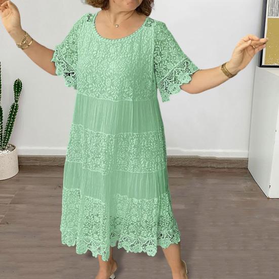 Summer Women Dress Hollow Out Lace Round Neck Pleated Solid Color Mid-calf