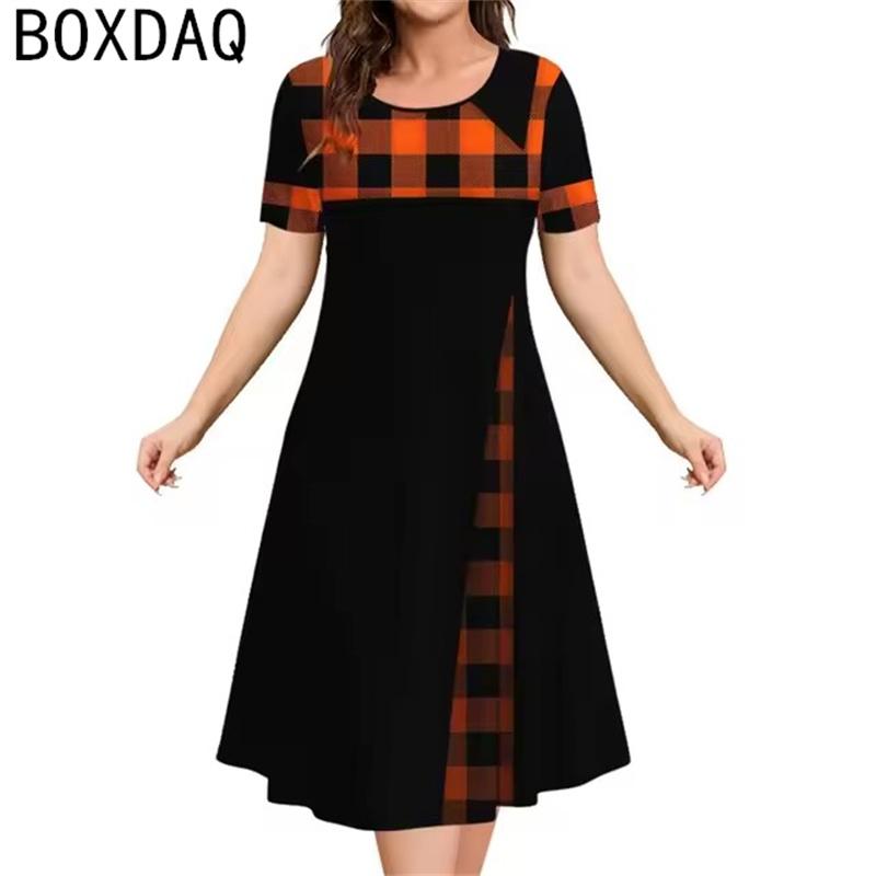 Womens Vintage Dress 3D Plaid Print A-line Dress Summer Short Sleeve O-Neck Casual Dress Lady Oversized Vacation Elegance Dress