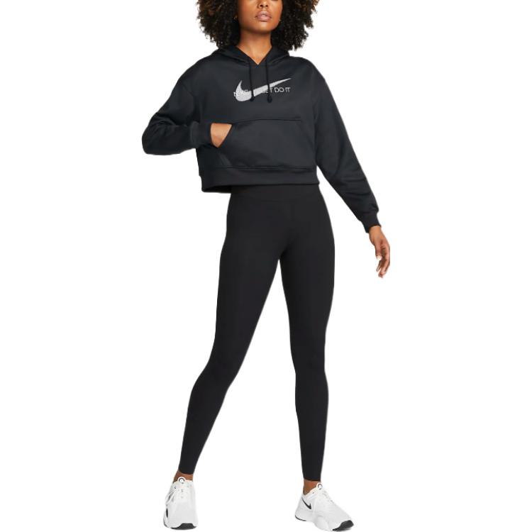 Nike Solid Color Logo Print Hoodie With Drawstring Women Tops Black DQ5510-010