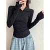 Kumikumi New Arrival Graceful Gray Polo Collar Long Sleeves T-shirt Women Autumn All-Matching Slim Fit Slim Bottoming Top