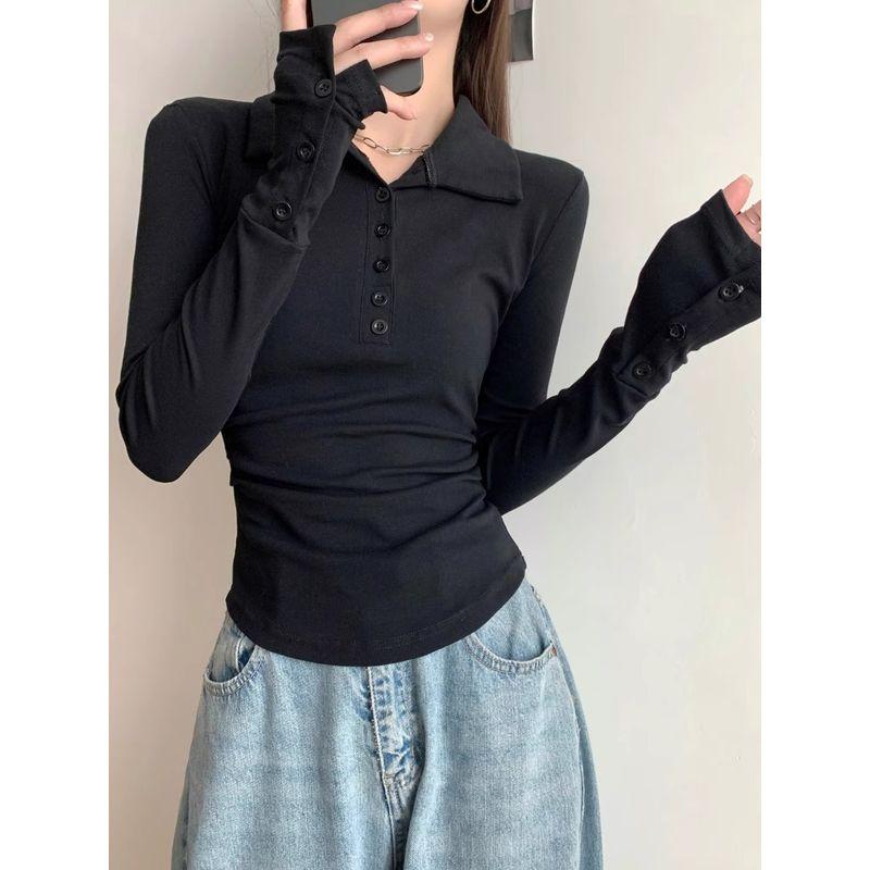 Kumikumi New Arrival Graceful Gray Polo Collar Long Sleeves T-shirt Women Autumn All-Matching Slim Fit Slim Bottoming Top
