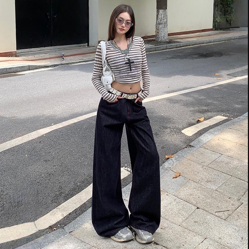 

Women s High-Waisted Deep Blue Retro Wide-Leg Jeans - Autumn 2025 Collection Large