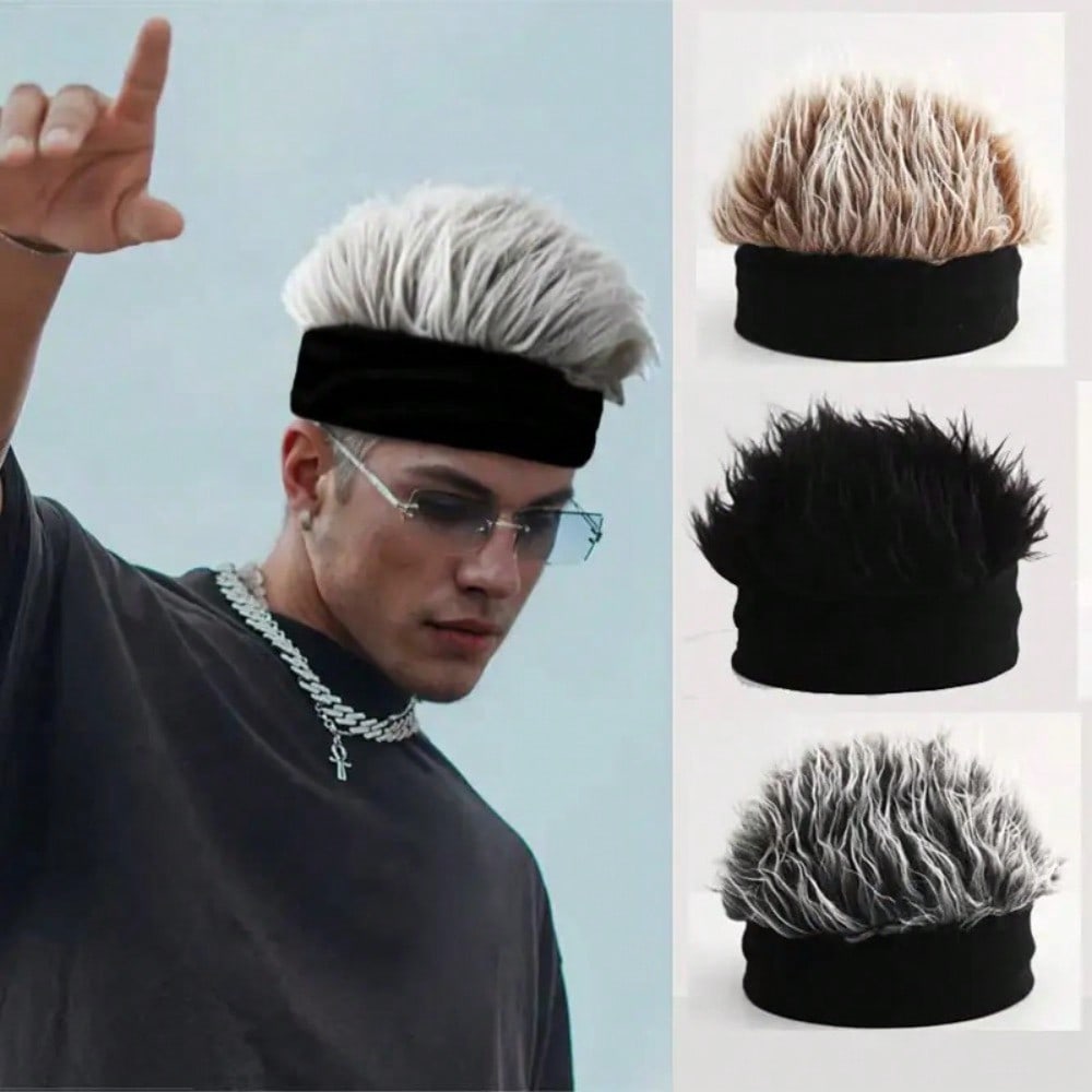 Men&Apos;S Hip-Hop Faux Hair Beanie Hat - Black Knit-Style Skull Cap With -Like Synthetic Hair, Durable Party & Wig-Like Accessory For Casual Wear