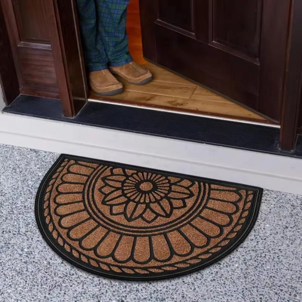 Flower and Bee Theme Half Round Rug Indoor Outdoor Doormat Living Room Bedroom Bathroom Patio Home Decoration
