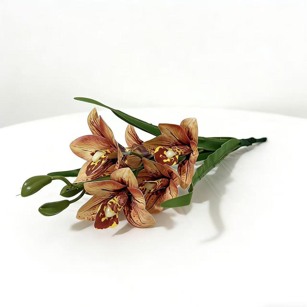 

Artificial Cymbidium Faberi Rolfe Flower Home Decor Wedding Arrangement With Plastic Material For Event Use Brown Yellow