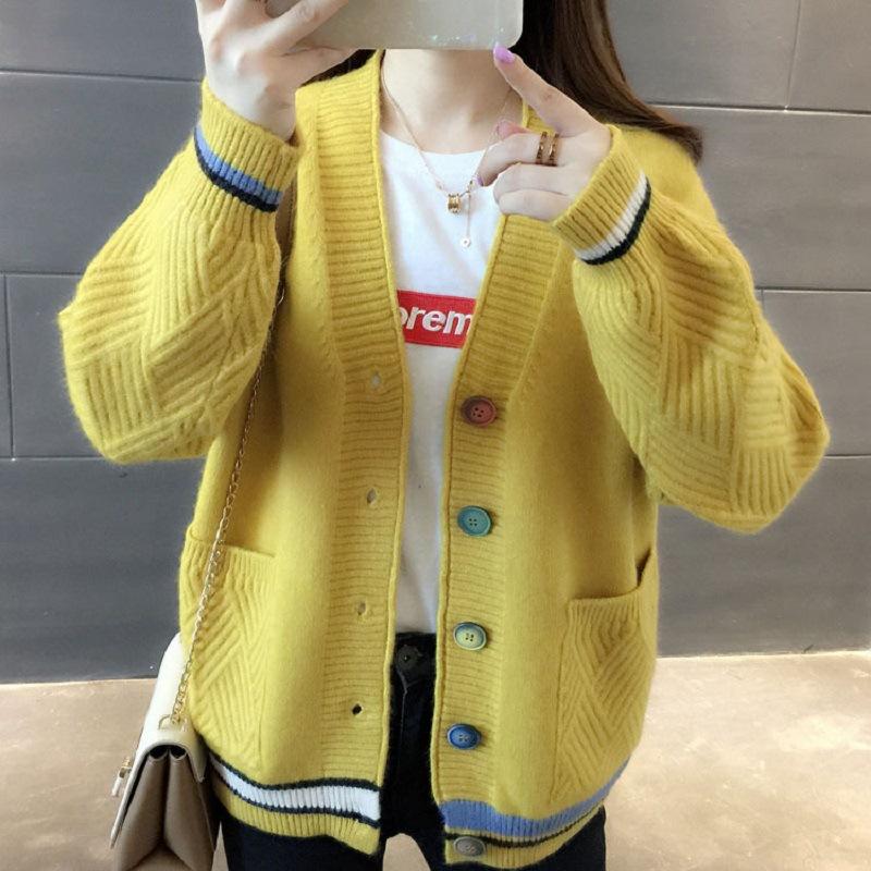 Color Button Knitted Cardigan for Women, Foreign Versatile and Contrasting Colors V-neck Large-size Sweater Cardigan for Women, Loose and Lazy Women