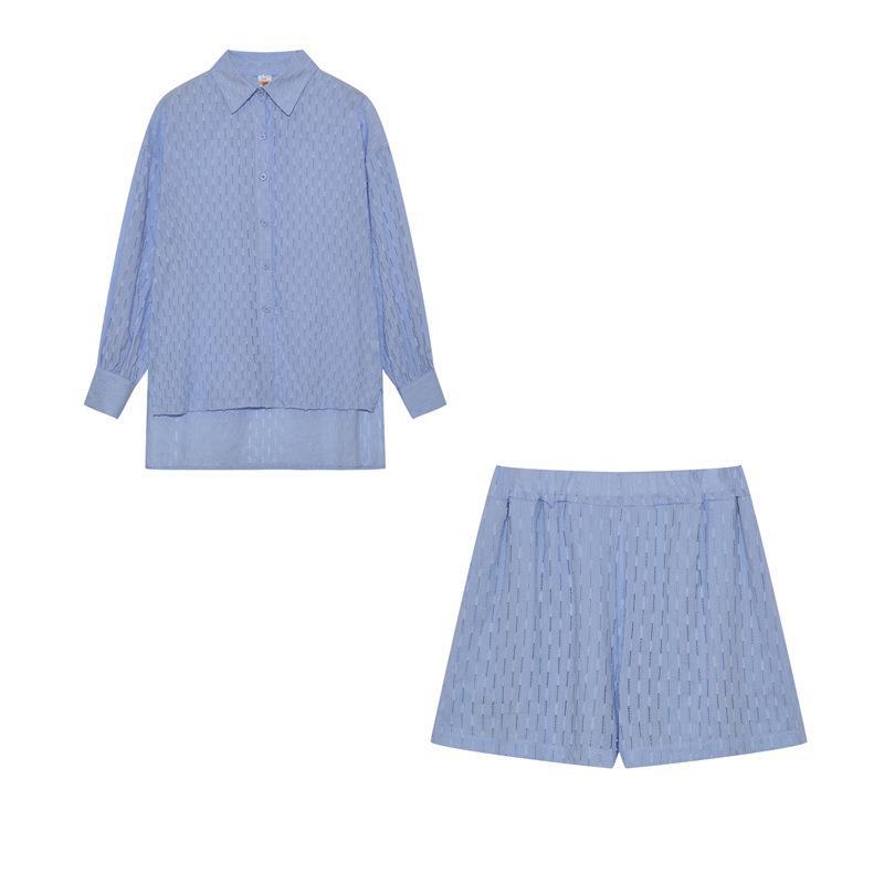 Herbst Damen Europa und die Vereinigten Staaten Hemd Set Jacquard Puffärmel Top Shorts Pendler Sinn Lässiger Anzug