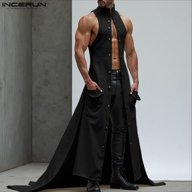 INCERUN Men Stand Neck Sleeveless High Low Splits Long Vest Cardigan Coats