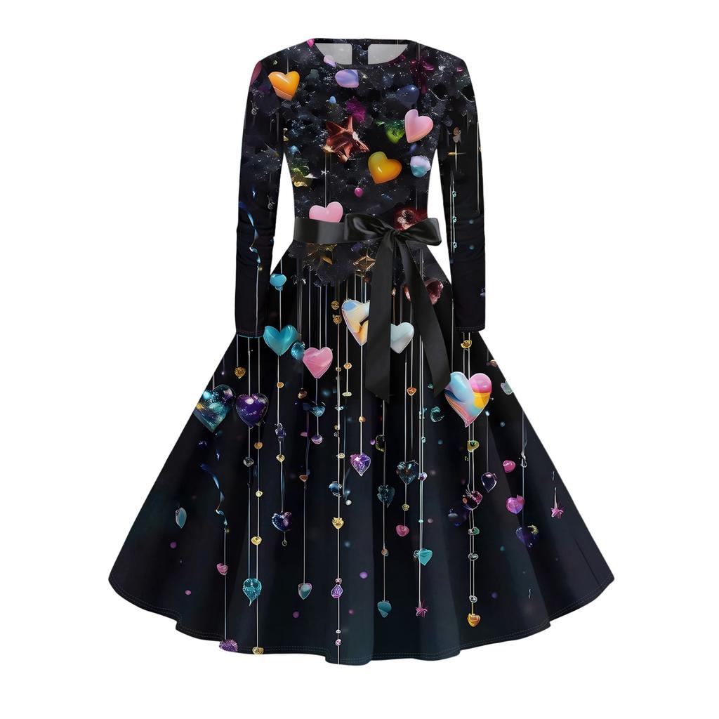 Damen Casual Mode Langarm Vintage Lange Kleider Frühling Valentinstag