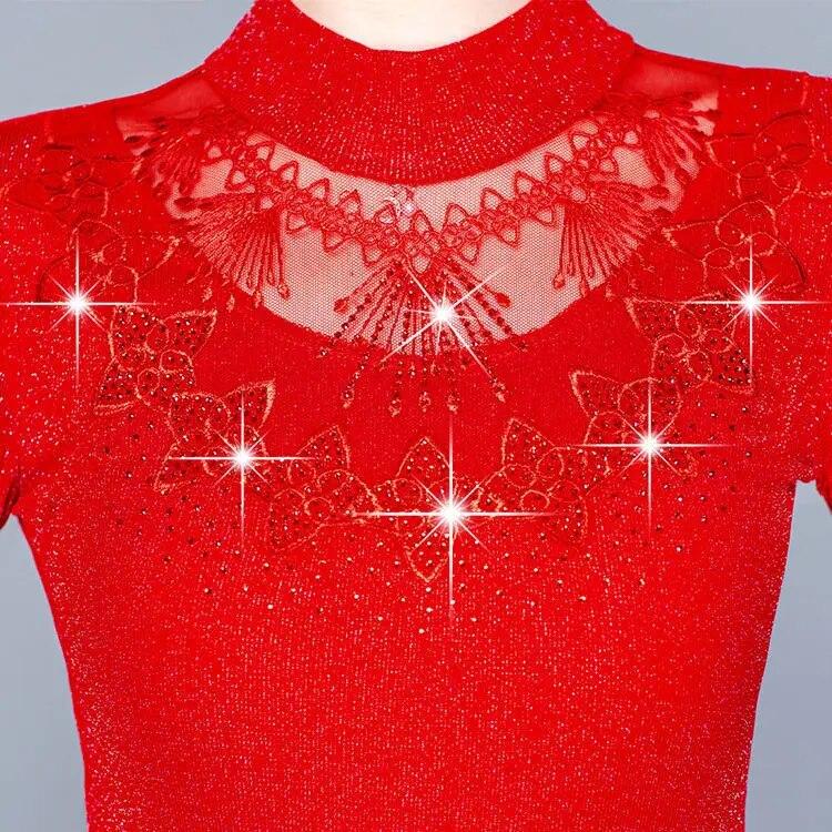 Autumn New Fashion Bottoming Shirt Women's Mesh Collar Slim Mom's Clothing Long Sleeve Top M-5XL