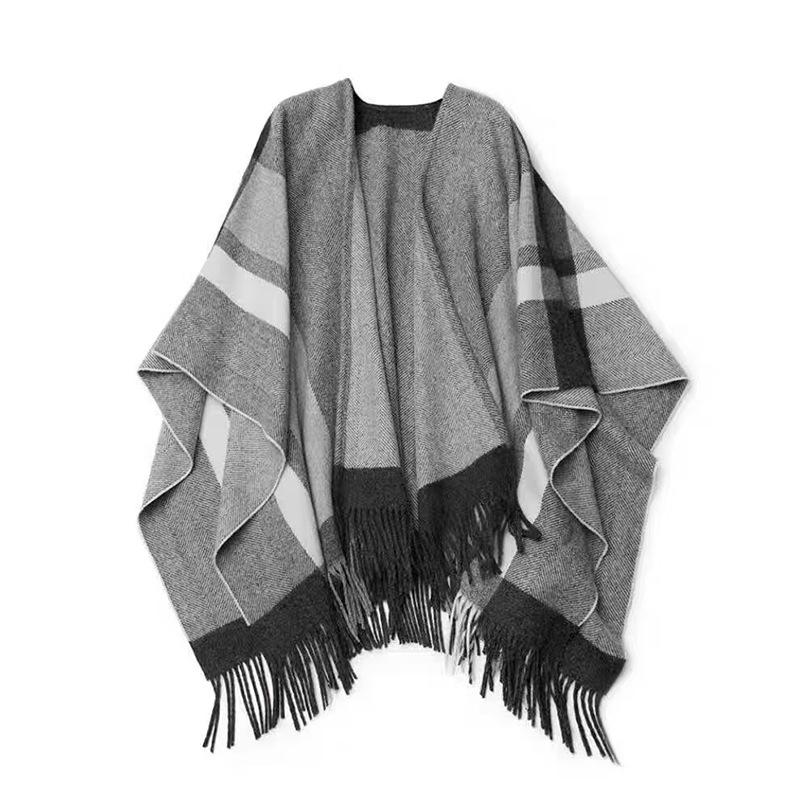 Wool Plaid Shawl Cape: Women's Warm Tassel Scarf for Spring, Autumn, Winter