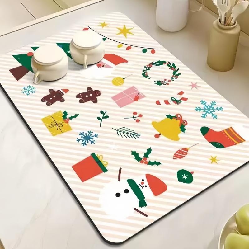 1 piece of Christmas series kitchen washbasin, home drain mat, absorbent soft pad, bowl, plate, cup, wash free tea bar mat