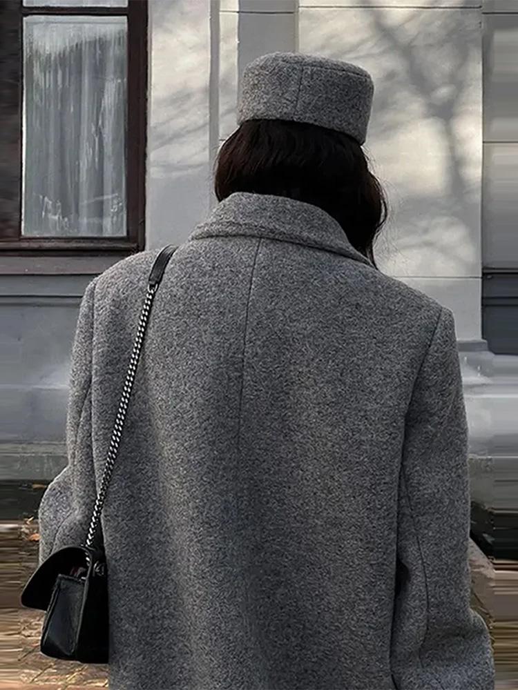 Palton Lung din Lână Artificială pentru Femei Palton cu Gât în V și Dublu Piept pentru Femei Palton Lung Gri pentru Femei, Rezistent la Vânt și Călduros Stil Clasic Minimalist