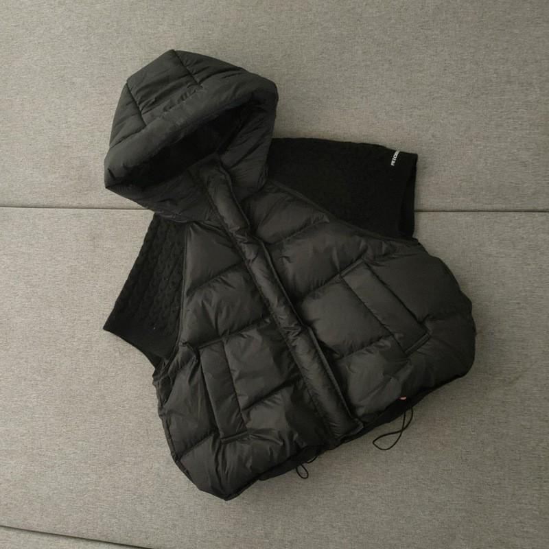 Gilet Court Matelassé Femme Avec Capuche Garnissage Duvet de Canard Panneau en Maille Détail Grande Taille Coupe Ample Hiver Chaud Vêtement d'Extérieur