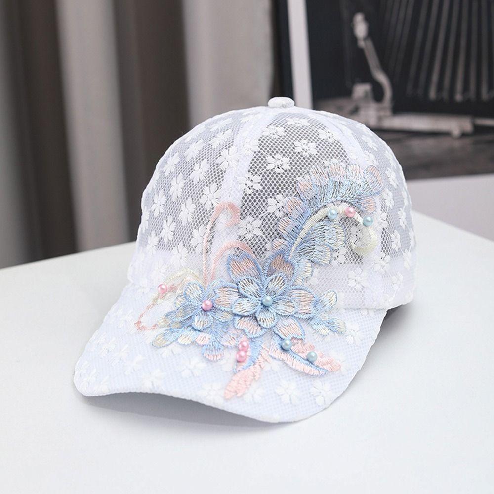 White Pink Lace Baseball Cap Embroidered Flowers Embroidery Baseball Cap  Sunscreen Protection