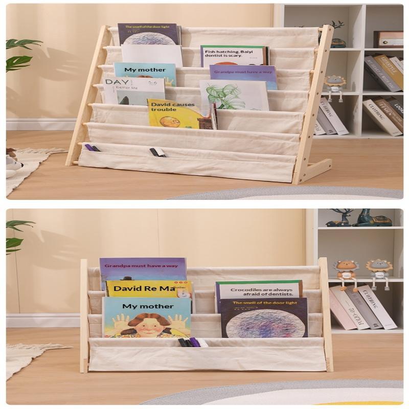 Solid Wood Kids Sling Bookshelf With Canvas Pockets And Large Capacity Perfect For Nursery Playroom Bedroom