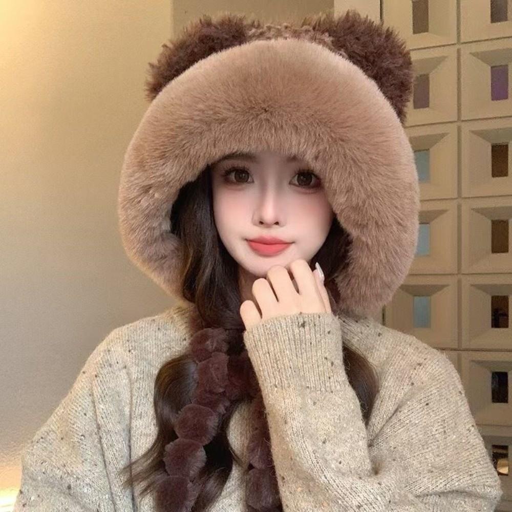 New Warm Warm Ear Protection Hat Ethnic Style Thick Plush Ear Protection Hat Pompom Fluffy Cute Bucket Hat for Women
