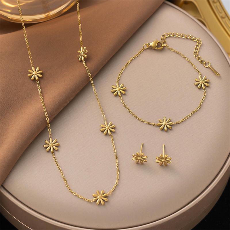 316L Stainless Steel New Fashion Waterproof Jewelry Young Girls Daisy Charm Chain Necklaces Bracelets Earrings For Women