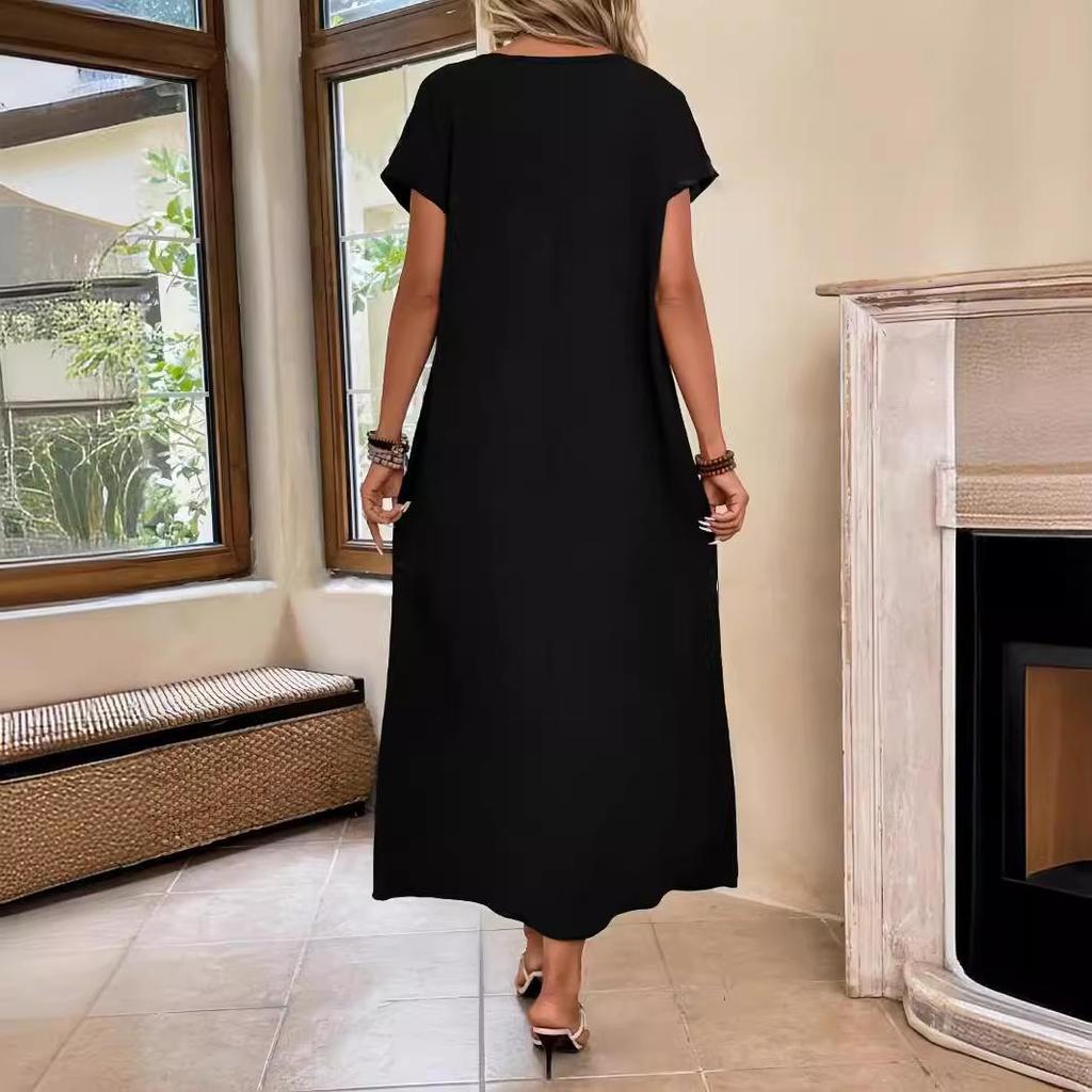 2024 Damen Einfarbig Rundhals Locker Kurzarm Langes Kleid für Frühling & Sommer
