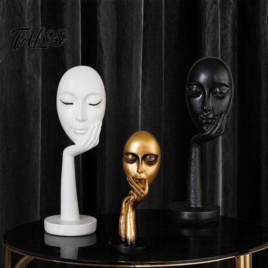 Talos Abstract Contemplative Face Resin Sculpture, Minimalist Hand-on-Chin Bust Statue for Desk Living Room Office, Creative Art Decor Entryway