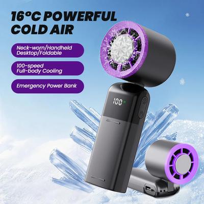 Handheld Mini Ice Compress Turbofan with Lanyard LED Digital Display Quite and High-Speed USB Rechargeable Air Cooling Fans