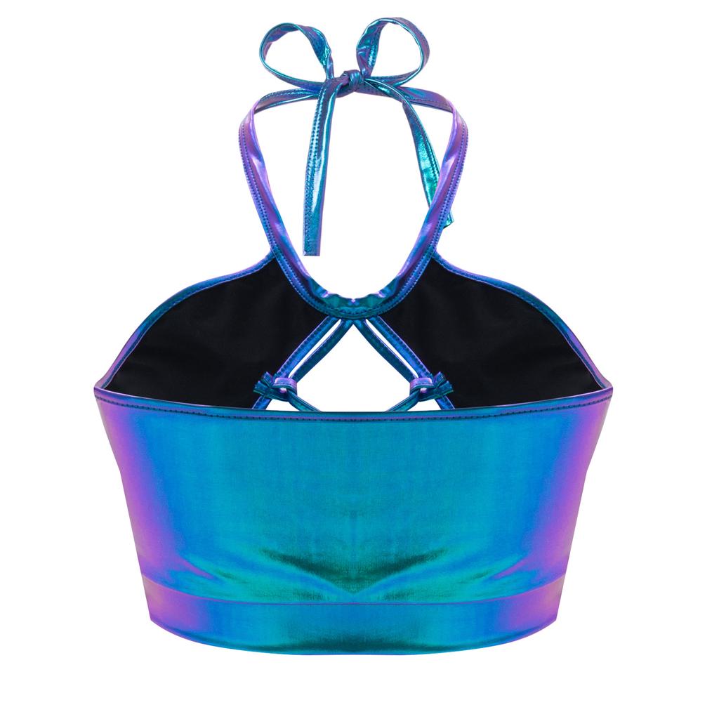 Women Shiny Metallic Halter Tank Top Sleeveless Spaghetti Strap Camisole Vest Bra Crop Tube Top for Party Club