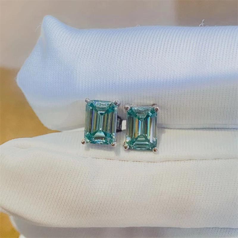 Emerald Cut Blue-Green VVS Moissanite Stud Earrings in 925 Silver