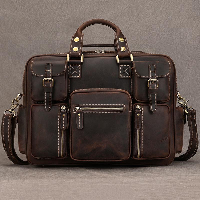 Vintage Crazy Horse Leather Travel Bag Men'S Business Cowhide Briefcase Genuine Leather Portable Oblique Span Bag Briefcase