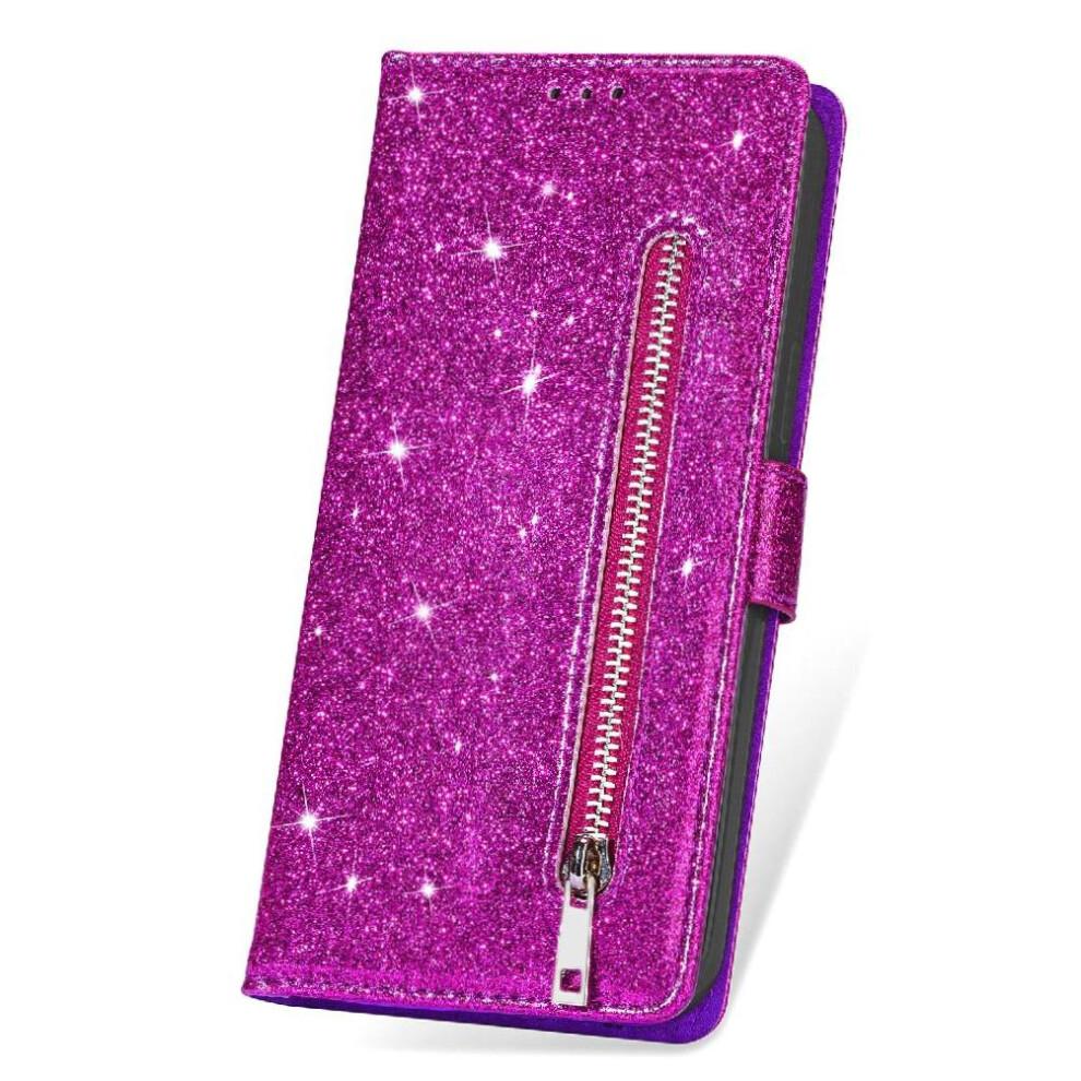 (Purple) Zipper Pocket Case for Samsung Galaxy S24 Ultra Card Holder Glitter Wallet Case Wrist Strap Pu Leather Magnetic Closure